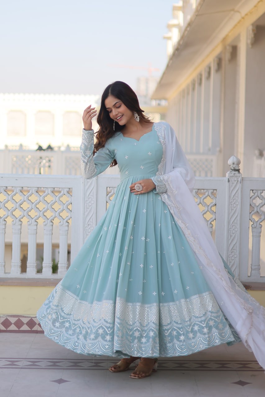 Cyan Luxe Thread & Sequins Embroidered Designer Gown with Russian Silk Dupatta ClothsVilla