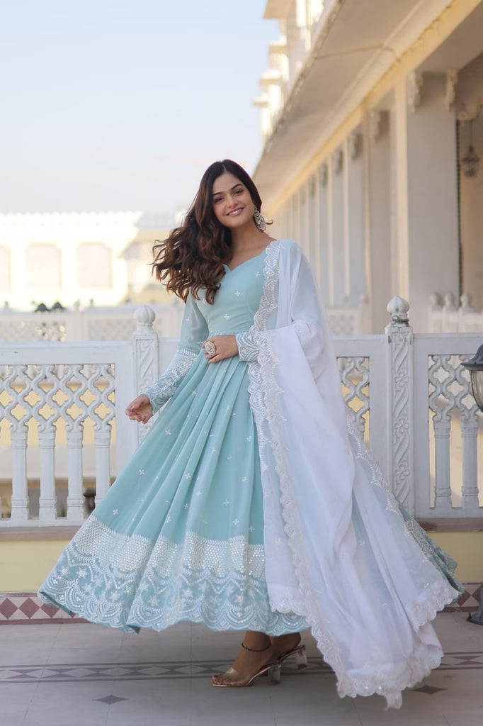 Cyan Luxe Thread & Sequins Embroidered Designer Gown with Russian Silk Dupatta ClothsVilla