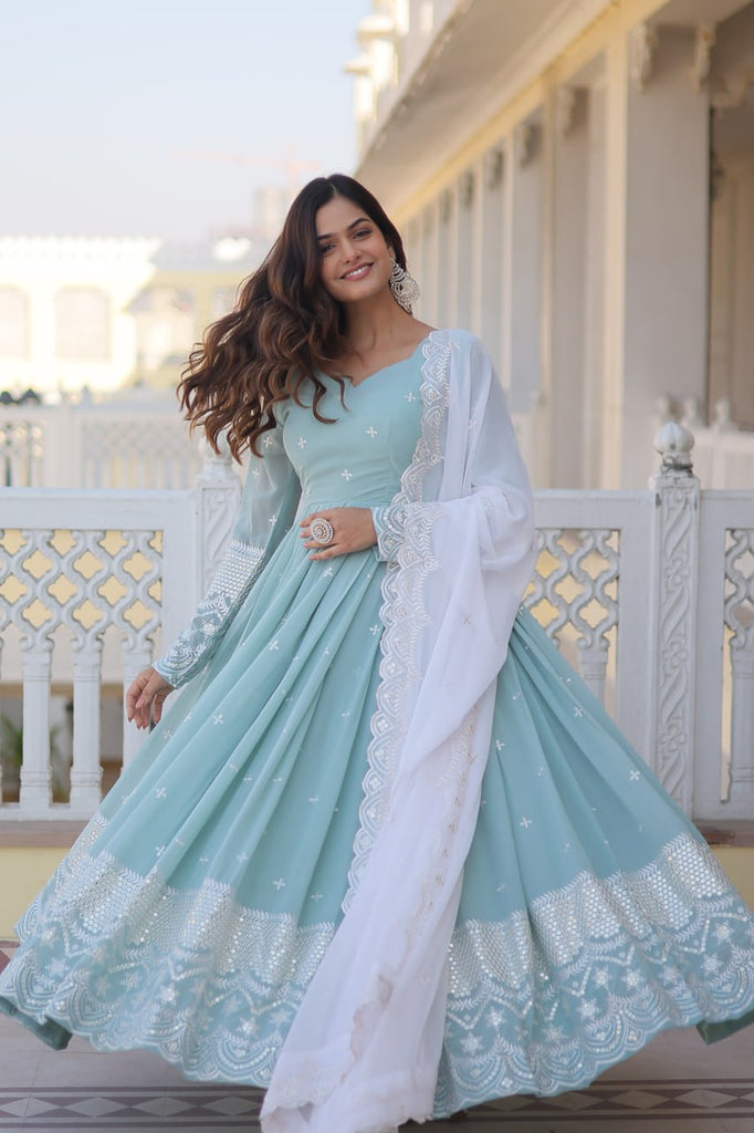 Cyan Luxe Thread & Sequins Embroidered Designer Gown with Russian Silk Dupatta ClothsVilla