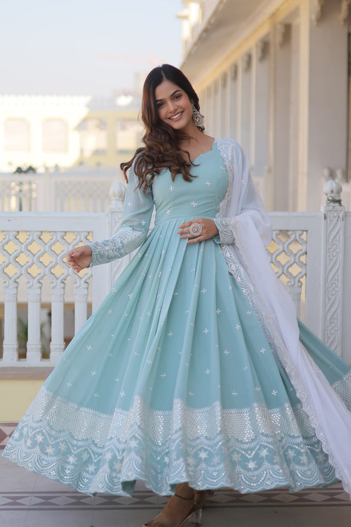 Cyan Luxe Thread & Sequins Embroidered Designer Gown with Russian Silk Dupatta ClothsVilla