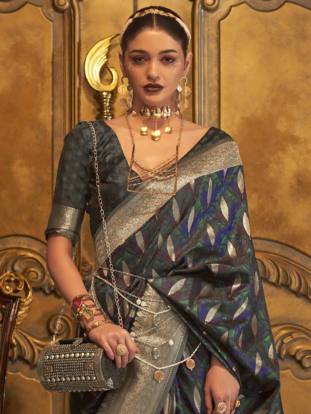 Dark Blue Classic Banarasi Silk Blend Saree – Perfect for Weddings & Festive Occasions ClothsVilla