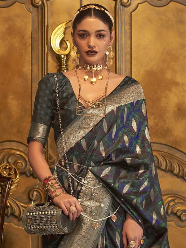 Dark Blue Classic Banarasi Silk Blend Saree – Perfect for Weddings & Festive Occasions ClothsVilla