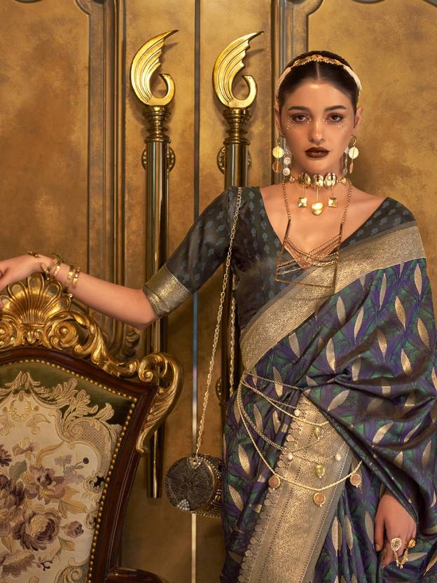 Dark Blue Classic Banarasi Silk Blend Saree – Perfect for Weddings & Festive Occasions ClothsVilla