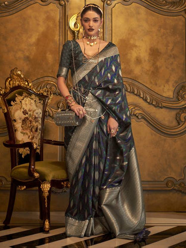 Dark Blue Classic Banarasi Silk Blend Saree – Perfect for Weddings & Festive Occasions ClothsVilla