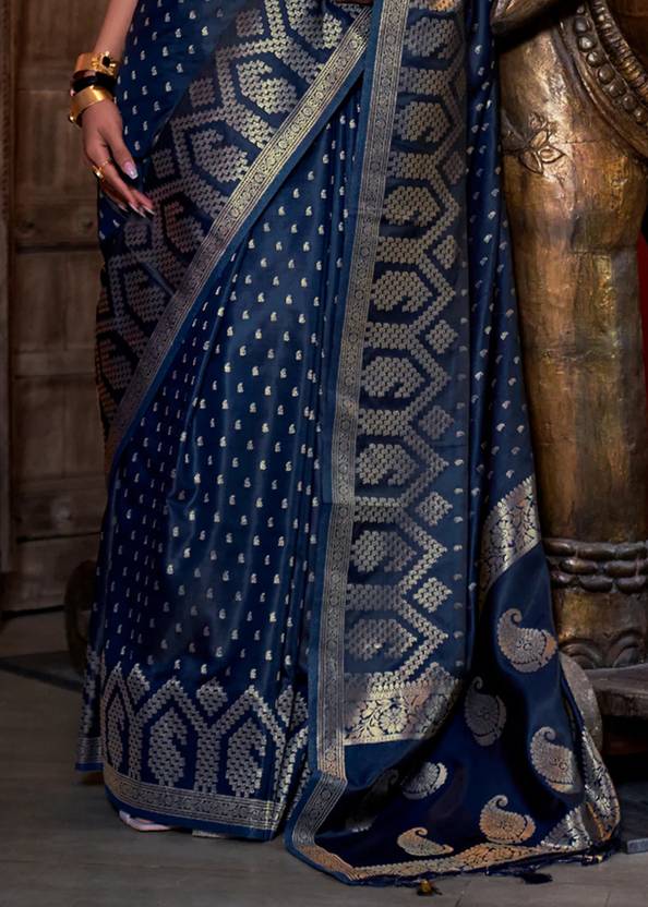 Dark Blue Elegant Pure Satin Handloom Saree with Unstitched Blouse Piece Clothsvilla