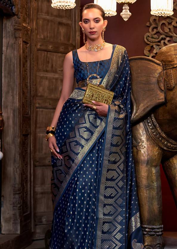 Dark Blue Elegant Pure Satin Handloom Saree with Unstitched Blouse Piece Clothsvilla