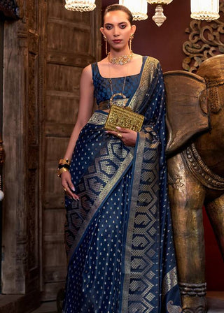 Dark Blue Elegant Pure Satin Handloom Saree with Unstitched Blouse Piece Clothsvilla