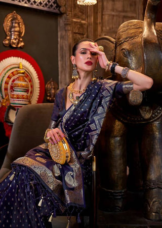 Dark Blue Elegant Pure Satin Handloom Saree with Unstitched Blouse Piece Clothsvilla