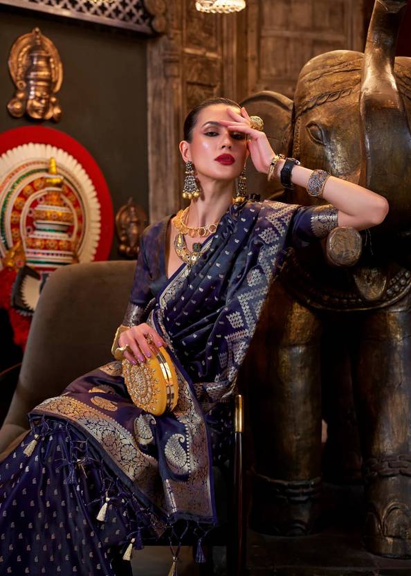 Dark Blue Elegant Pure Satin Handloom Saree with Unstitched Blouse Piece Clothsvilla