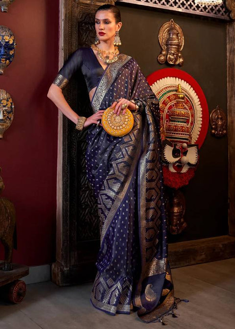 Dark Blue Elegant Pure Satin Handloom Saree with Unstitched Blouse Piece Clothsvilla Main image