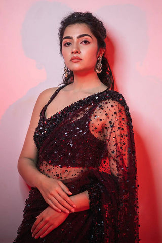 Dark Brown Glamorous Net Saree with Hologram Sequin Work – Shine & Slay ClothsVilla
