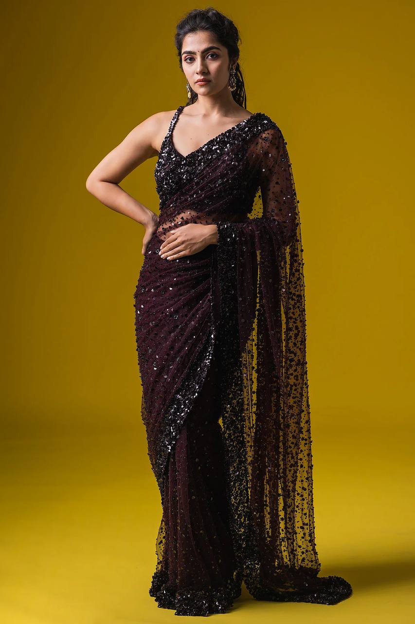 Dark Brown Glamorous Net Saree with Hologram Sequin Work – Shine & Slay ClothsVilla Main image