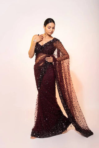 Dark Brown Glamorous Net Saree with Hologram Sequin Work – Shine & Slay ClothsVilla