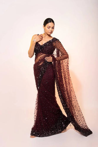 Dark Brown Glamorous Net Saree with Hologram Sequin Work – Shine & Slay ClothsVilla