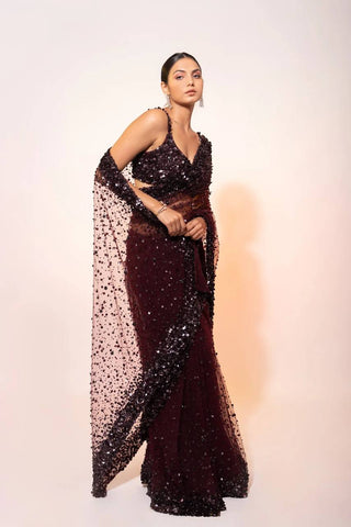 Dark Brown Glamorous Net Saree with Hologram Sequin Work – Shine & Slay ClothsVilla