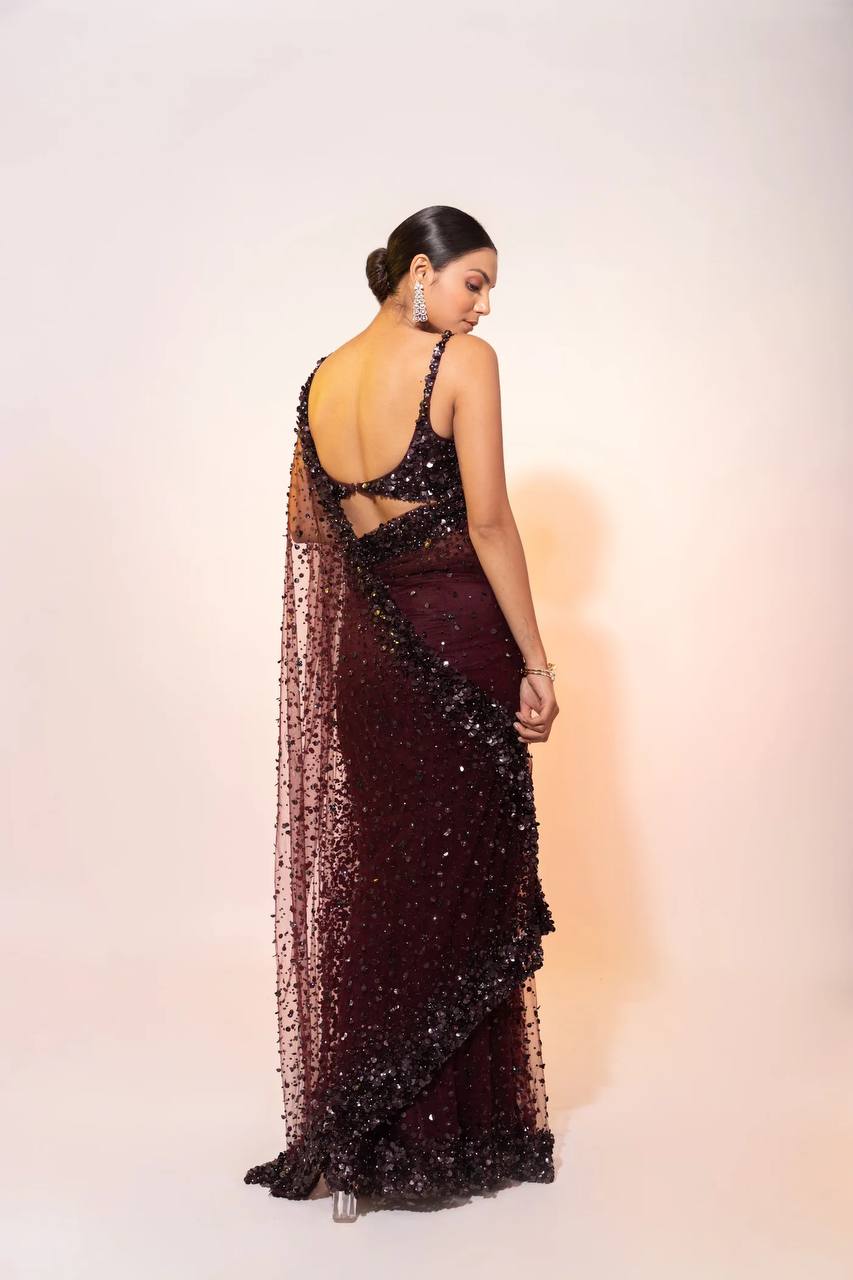 Dark Brown Glamorous Net Saree with Hologram Sequin Work – Shine & Slay ClothsVilla