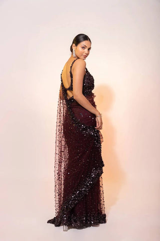 Dark Brown Glamorous Net Saree with Hologram Sequin Work – Shine & Slay ClothsVilla