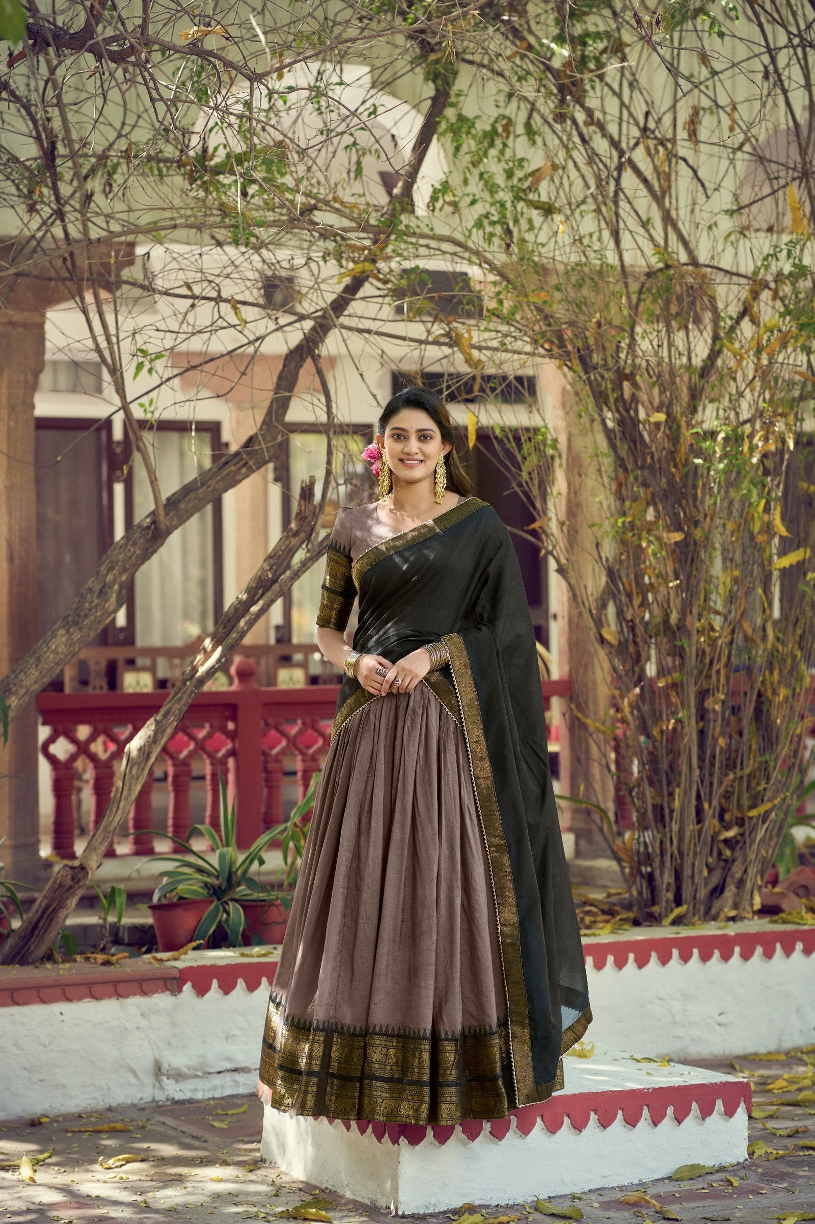 Dark Brown Kalamkari Print Lehenga Set Clothsvilla