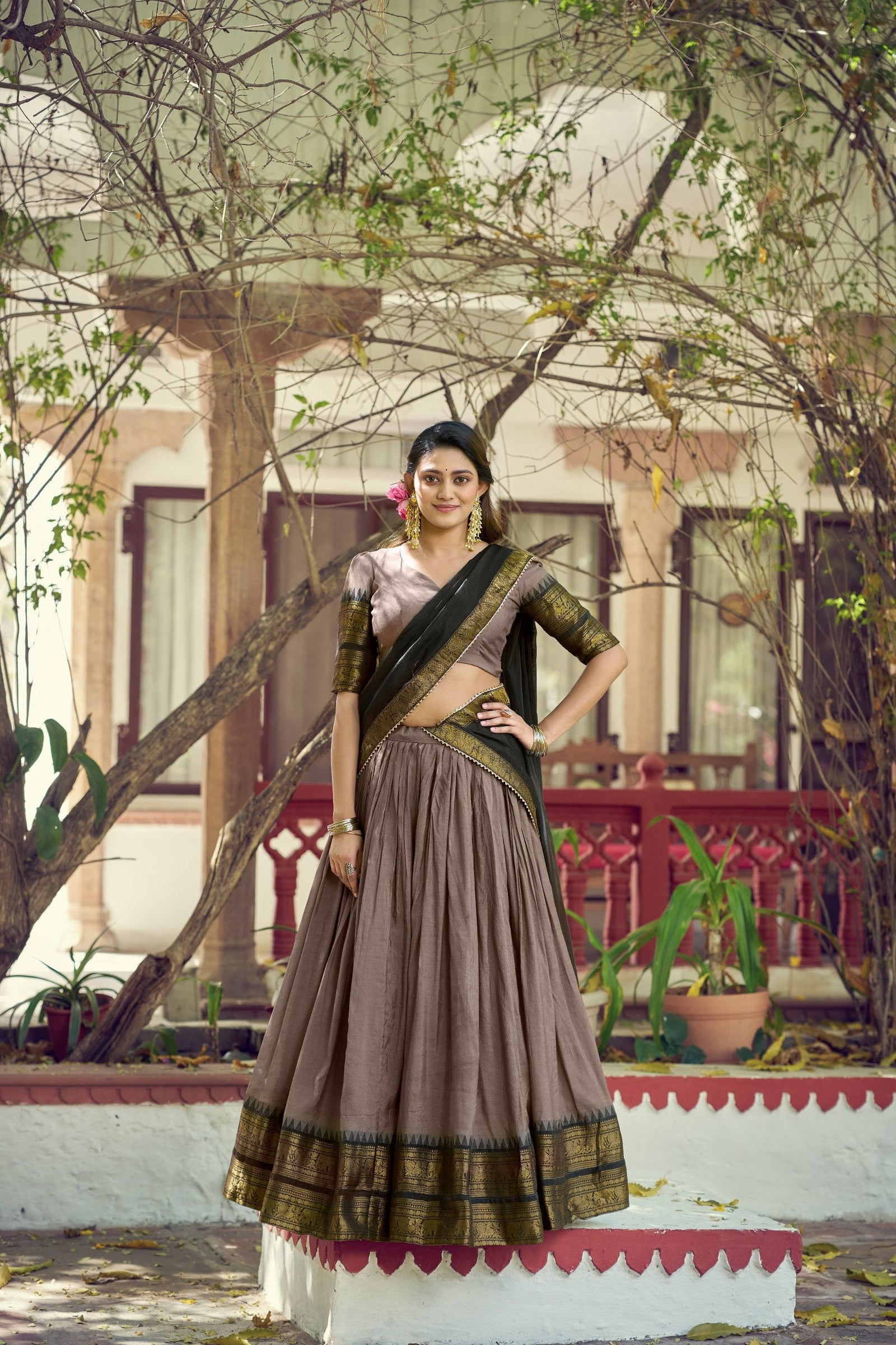 Dark Brown Kalamkari Print Lehenga Set Clothsvilla