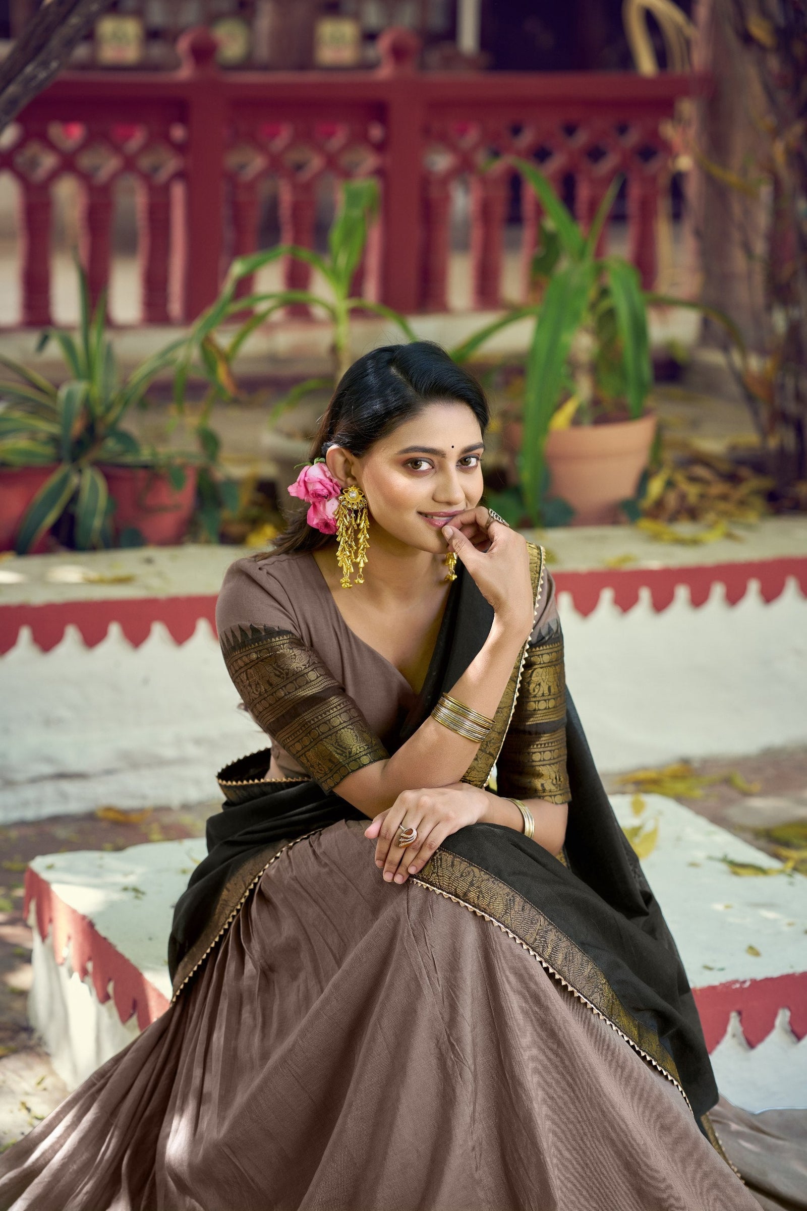 Dark Brown Kalamkari Print Lehenga Set Clothsvilla
