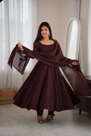 Dark Brown Pure Mal Chanderi Anarkali Gown ClothsVilla