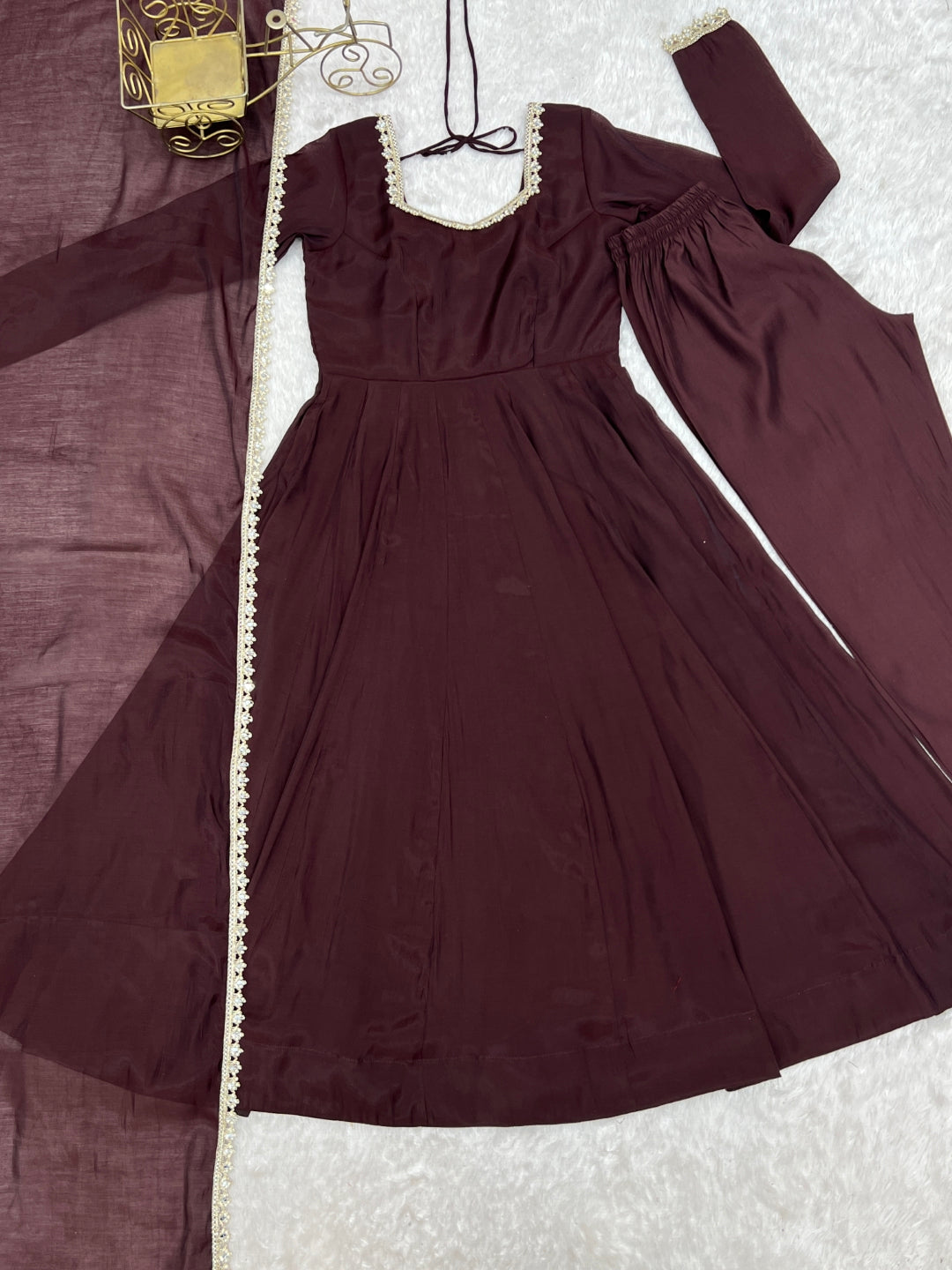Dark Brown Pure Mal Chanderi Anarkali Gown ClothsVilla