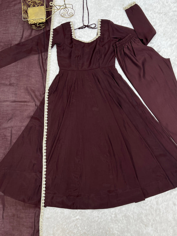 Dark Brown Pure Mal Chanderi Anarkali Gown ClothsVilla