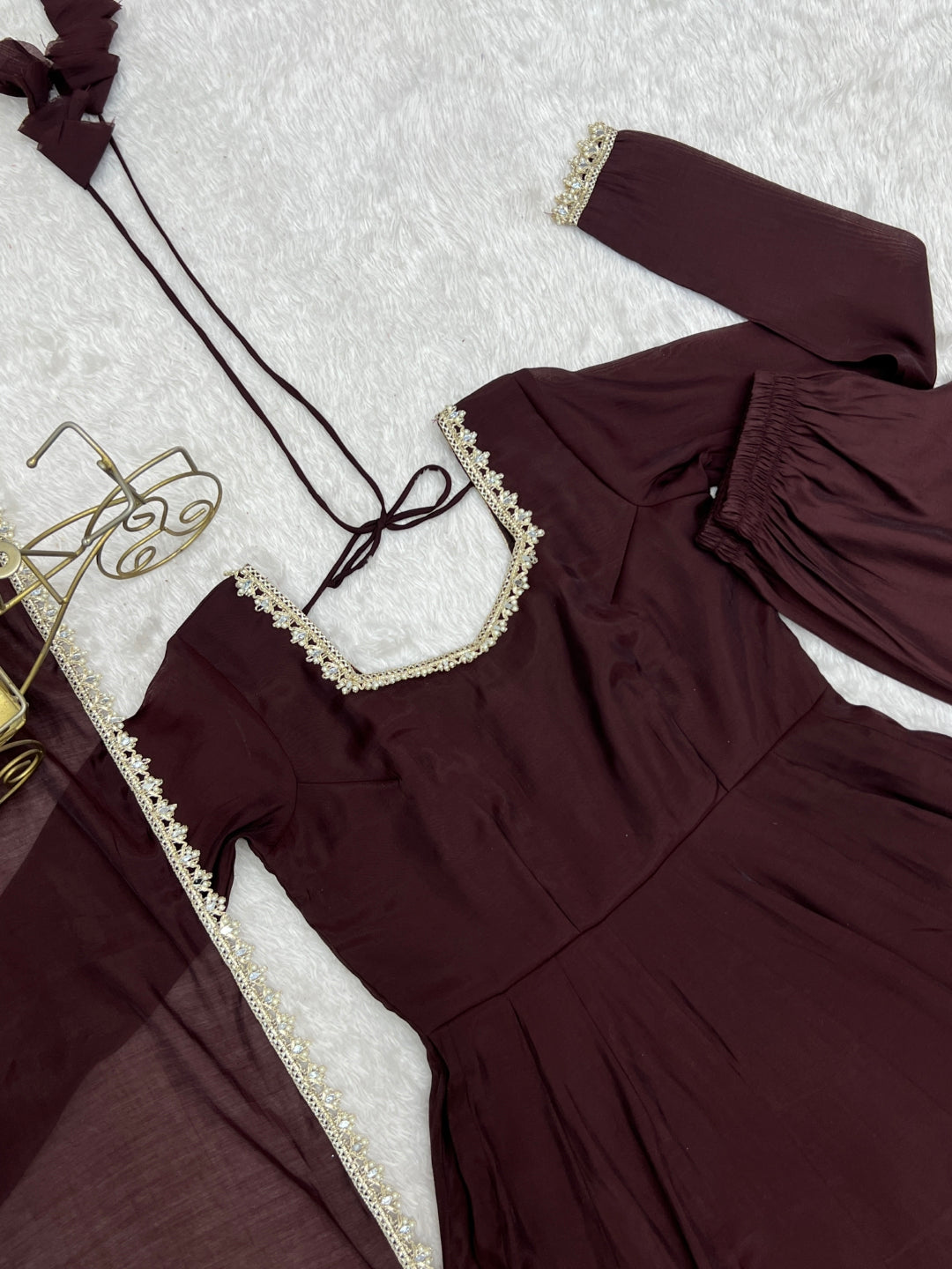 Dark Brown Pure Mal Chanderi Anarkali Gown ClothsVilla