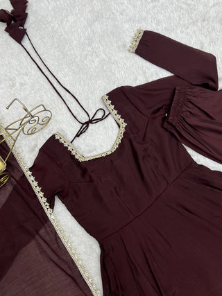 Dark Brown Pure Mal Chanderi Anarkali Gown ClothsVilla