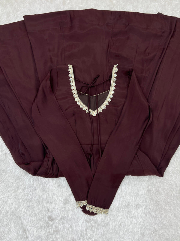 Dark Brown Pure Mal Chanderi Anarkali Gown ClothsVilla