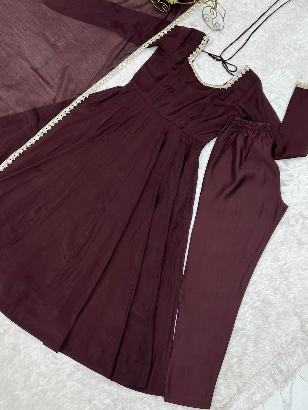 Dark Brown Pure Mal Chanderi Anarkali Gown ClothsVilla