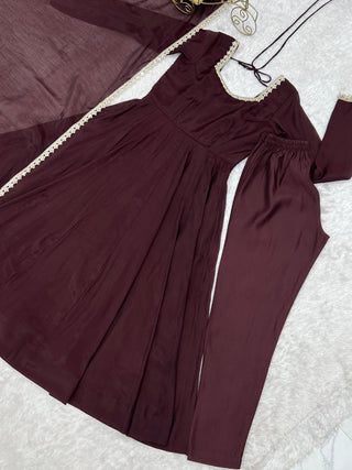 Dark Brown Pure Mal Chanderi Anarkali Gown ClothsVilla
