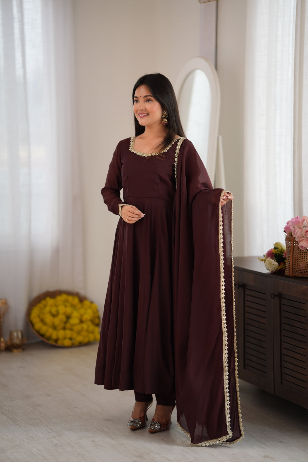 Dark Brown Pure Mal Chanderi Anarkali Gown ClothsVilla