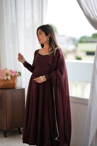 Dark Brown Pure Mal Chanderi Anarkali Gown ClothsVilla