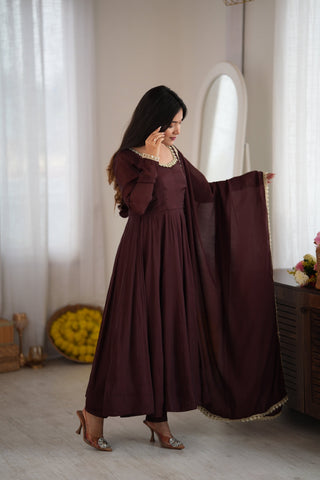 Dark Brown Pure Mal Chanderi Anarkali Gown ClothsVilla