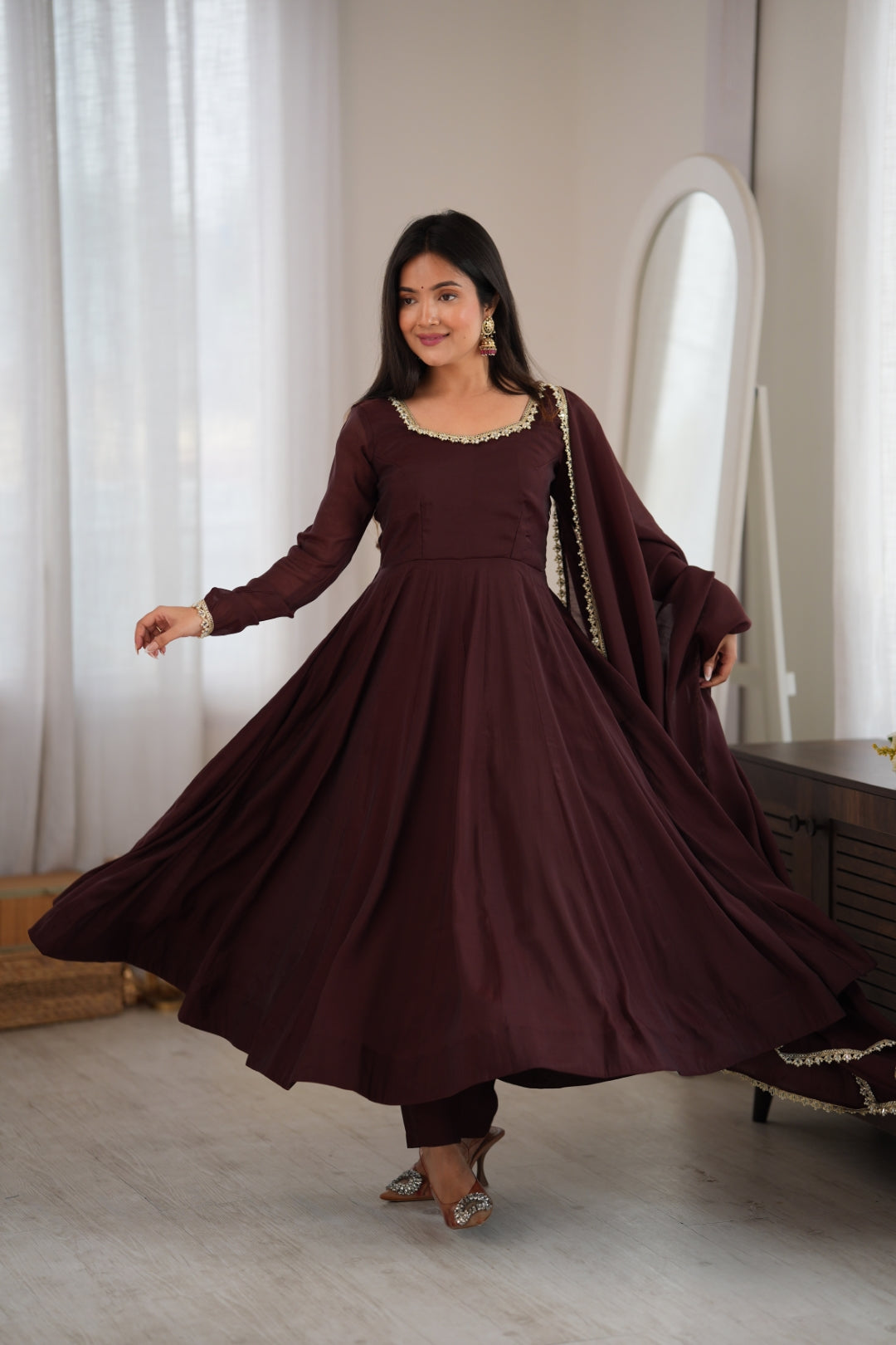 Dark Brown Pure Mal Chanderi Anarkali Gown ClothsVilla
