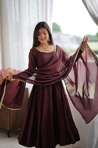 Dark Brown Pure Mal Chanderi Anarkali Gown ClothsVilla