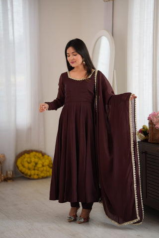 Dark Brown Pure Mal Chanderi Anarkali Gown ClothsVilla