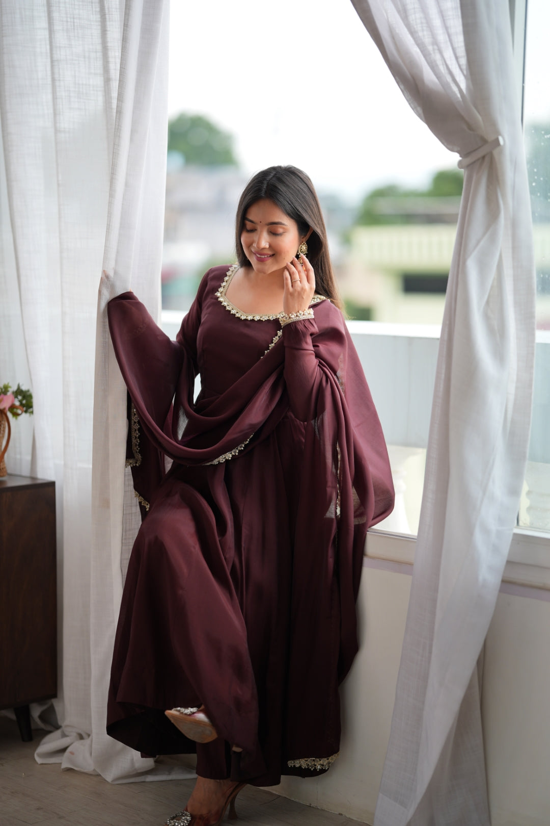 Dark Brown Pure Mal Chanderi Anarkali Gown ClothsVilla