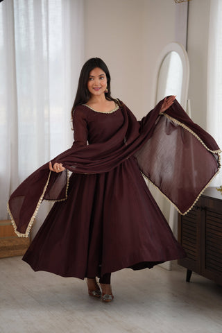 Dark Brown Pure Mal Chanderi Anarkali Gown ClothsVilla