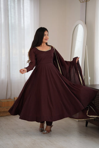 Dark Brown Pure Mal Chanderi Anarkali Gown ClothsVilla