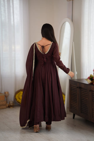 Dark Brown Pure Mal Chanderi Anarkali Gown ClothsVilla