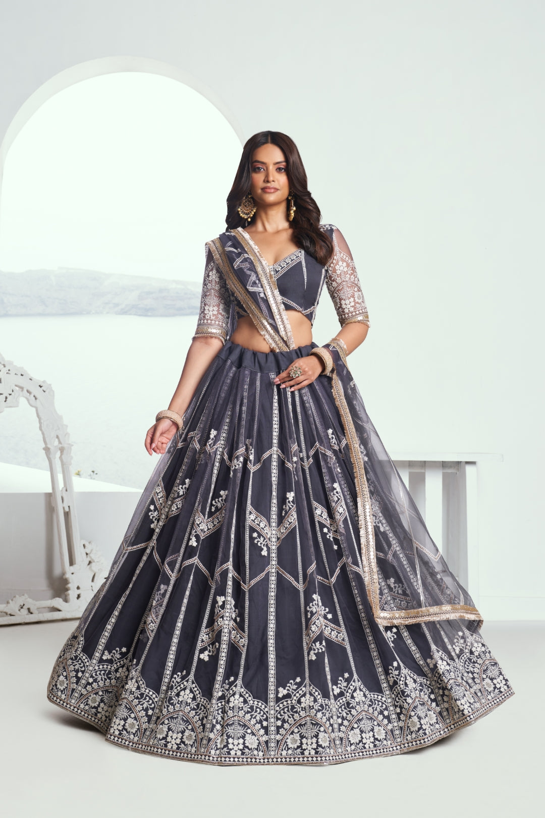 Dark Gray Elegant Butterfly Net Lehenga with Intricate Embroidery Main image