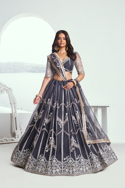 Dark Gray Elegant Butterfly Net Lehenga with Intricate Embroidery Main image