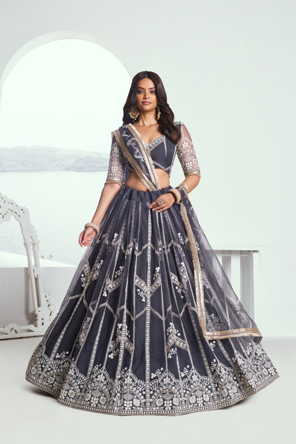 Dark Gray Elegant Butterfly Net Lehenga with Intricate Embroidery