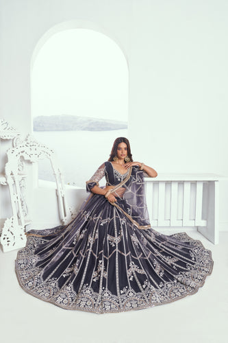 Dark Gray Elegant Butterfly Net Lehenga with Intricate Embroidery