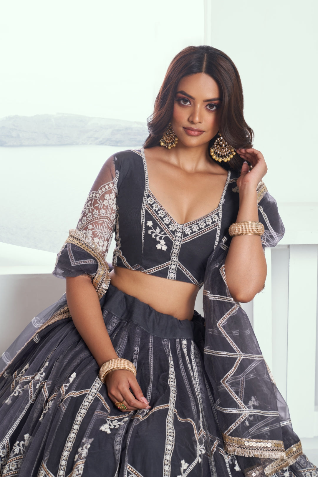 Dark Gray Elegant Butterfly Net Lehenga with Intricate Embroidery