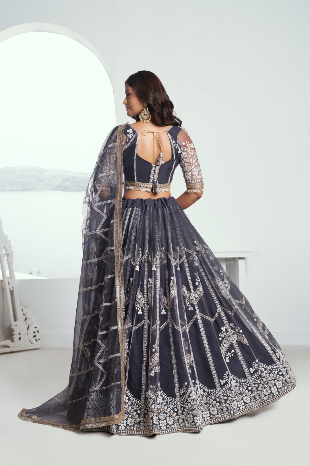 Dark Gray Elegant Butterfly Net Lehenga with Intricate Embroidery