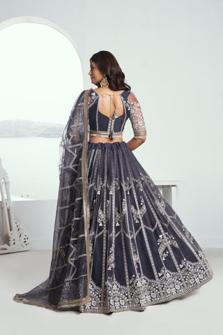 Dark Gray Elegant Butterfly Net Lehenga with Intricate Embroidery