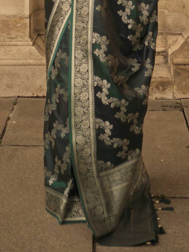 Dark Green Banarasi Woven Satin Silk Blend Saree with Tassels – Unstitched Blouse Piece ClothsVilla